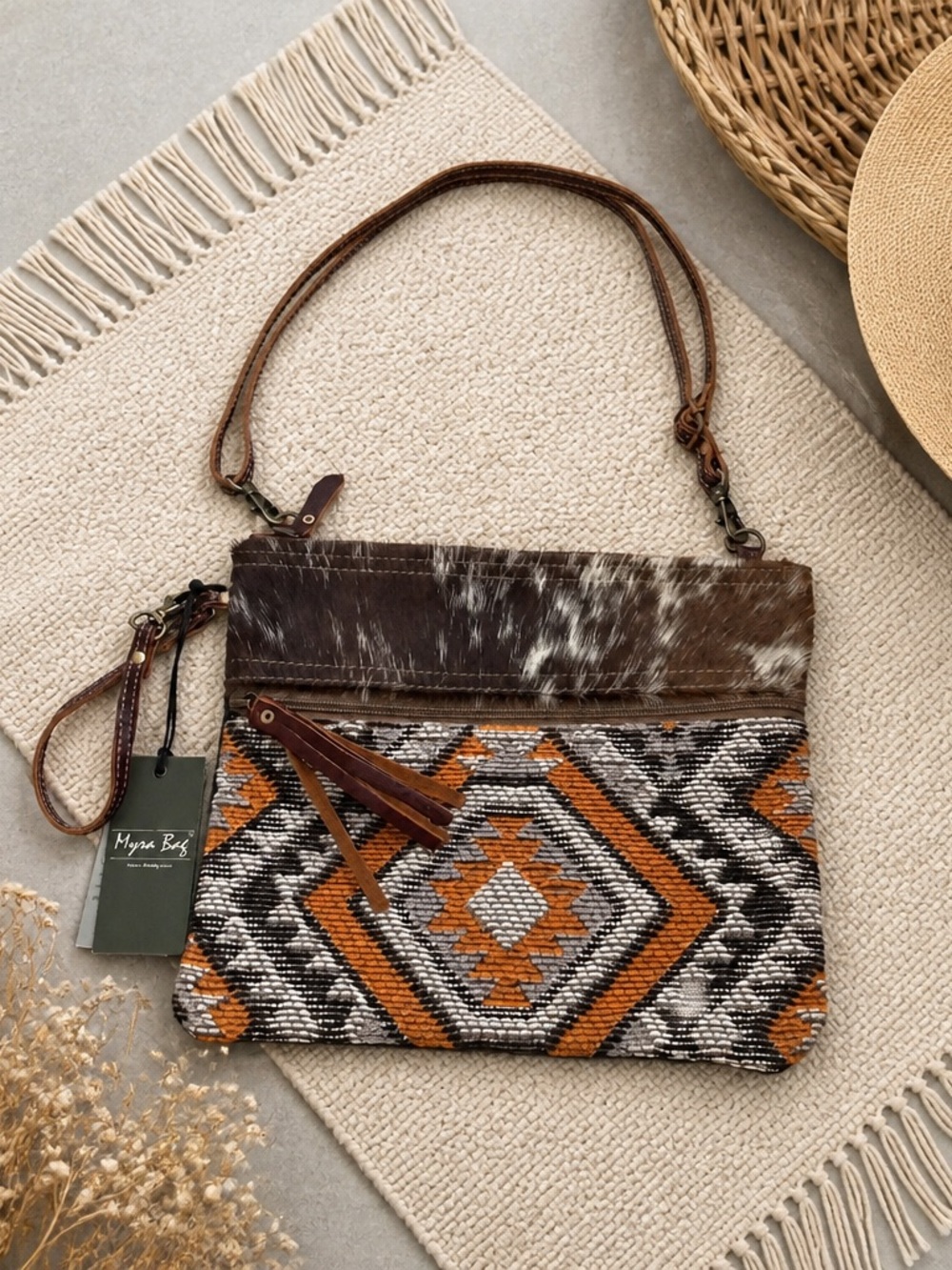 Myra Bag Brown & Orange Aztec-Pattern Crossbody